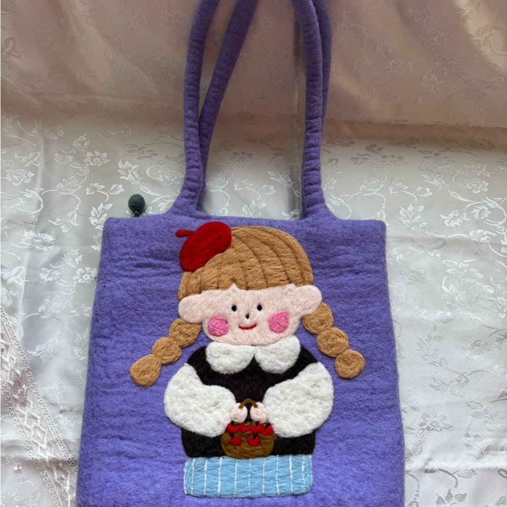 Handmade wool felt Purple Felt Tote Bag with Doll Design